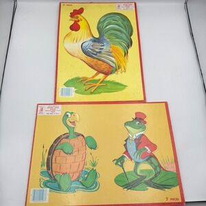 Vintage Milton Bradley Aptitude Tested Puzzles Rooster Turtle Frog Set of 2